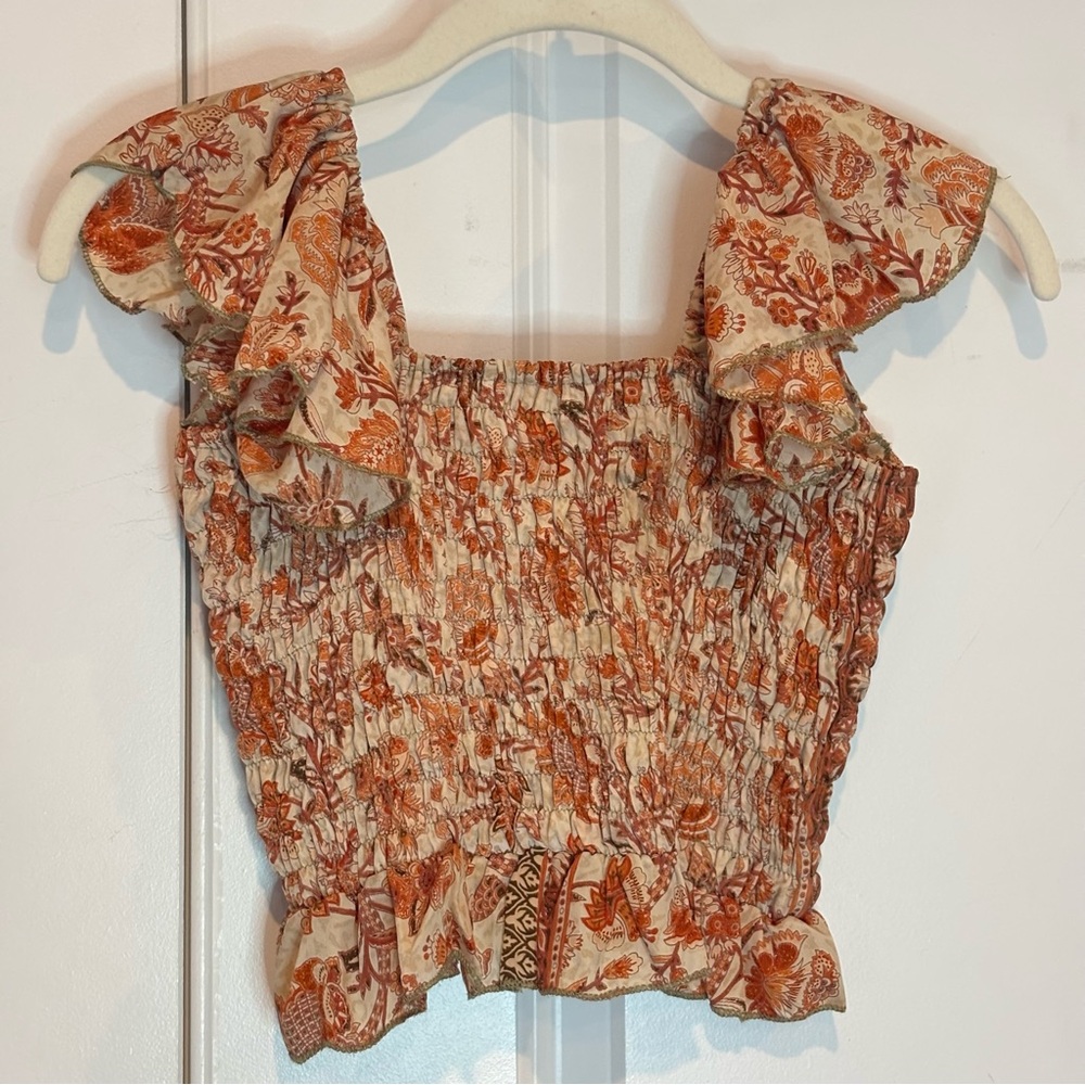 Perry Walker Collective Orange Tan Floral Ruffle Strap Smocked Top S - Picture 4 of 6